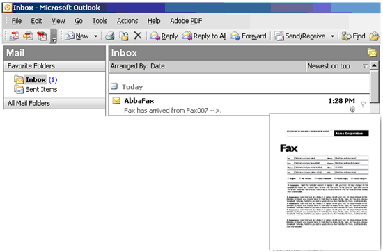 screen to show fax is received in outlook inbox as efax message